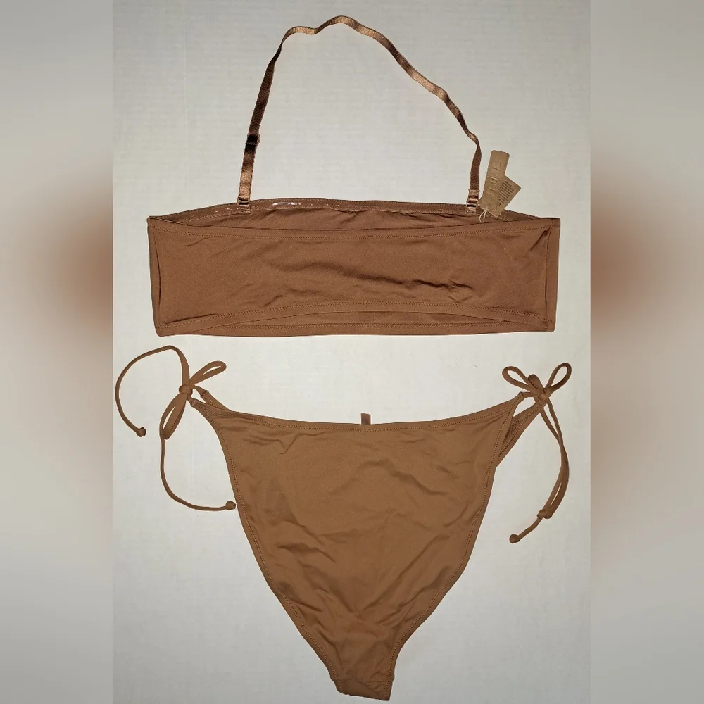 ❤️NWT SKIMS 2 Piece Swim Bandeau Top Dippy tie String Bikini Nude ALMOND 3X